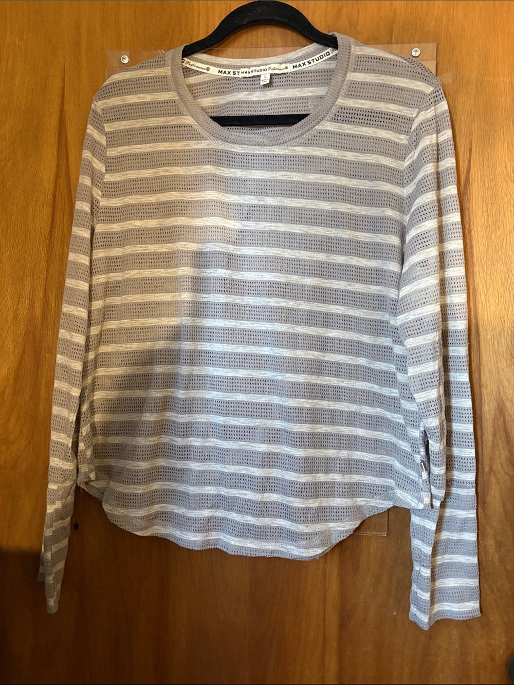 Max Studio Performance Gray and White Striped Long Sleeve Top